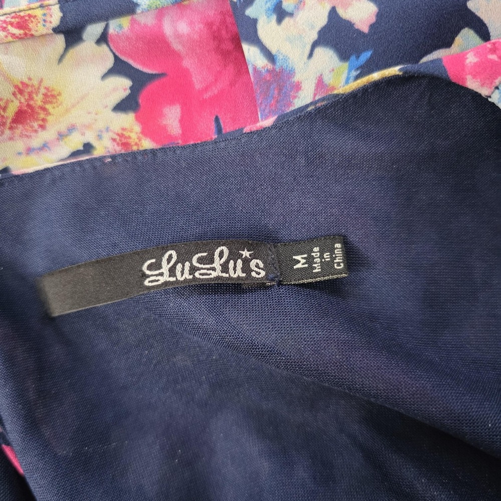 55-LuLu's Dress Wmns Medium Navy Blue Floral Bell Sleeve Fit & Flare Mini A-Line - Picture 12 of 16